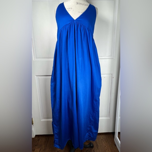 Anthropologie LACAUSA Blue T-Strap Maxi Dress With Pockets Size Small - Picture 2 of 7